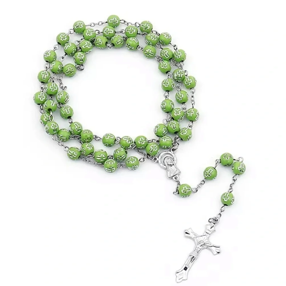 Catholic Lime Green Beaded Rosary Silver Crucifix Mary Cross Prayer Beads